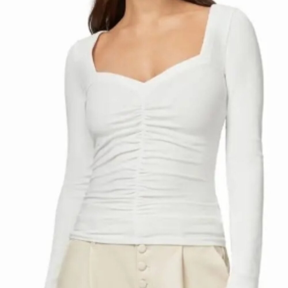 PAIGE White Ruched Square-Neck Long-Sleeve Top